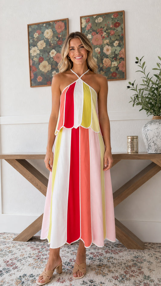 Front view of woman wearing Rainbow Multi halter scalloped tiered midi dress