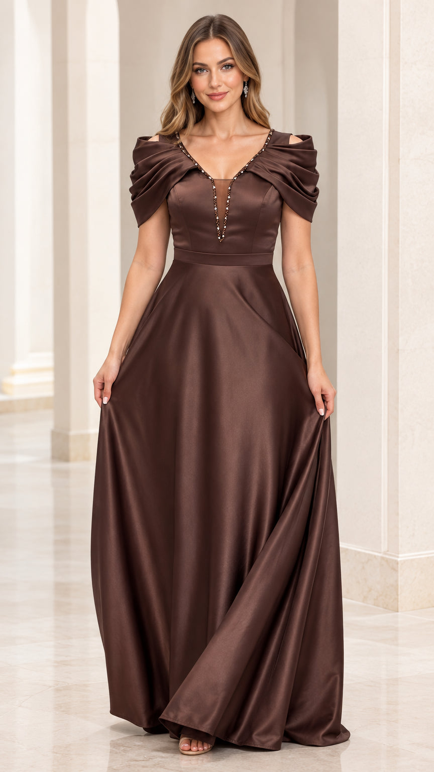 Front view of model wearing Chocolate Brown beaded V-neck satin evening gown