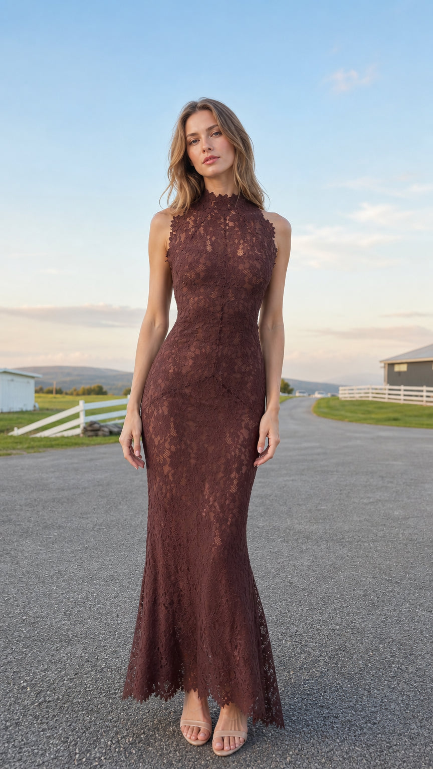 Front view of model wearing burgundy sleeveless high neck floral lace maxi dress