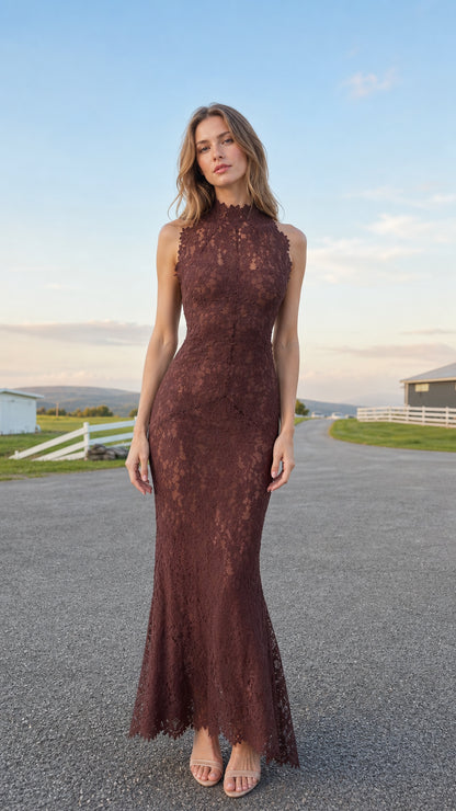 Front view of model wearing burgundy sleeveless high neck floral lace maxi dress