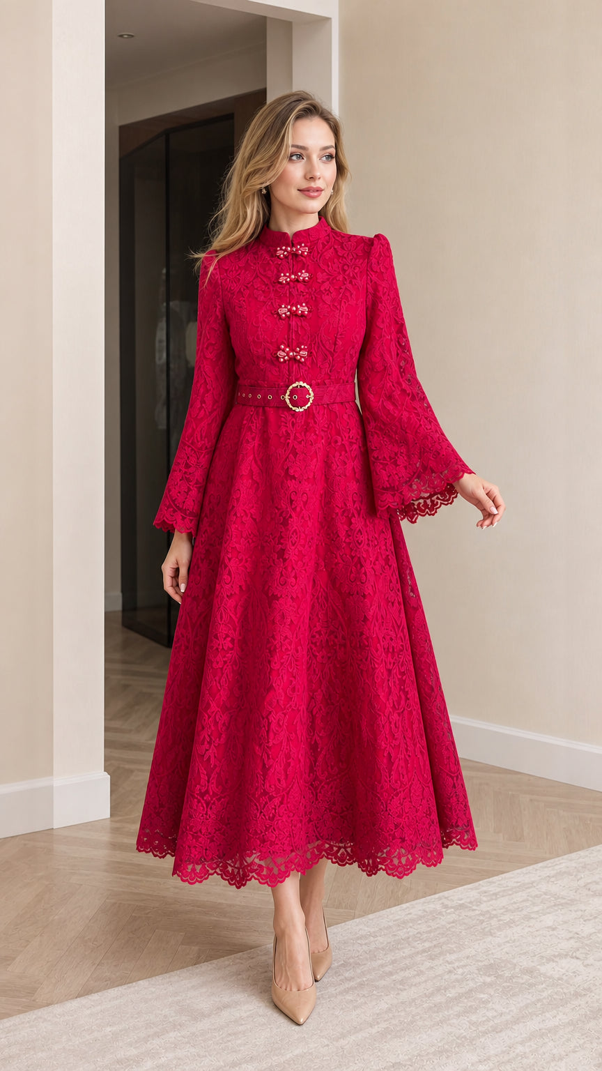 Front full view of woman wearing red floral lace mandarin collar maxi dress with belt and bell sleeves