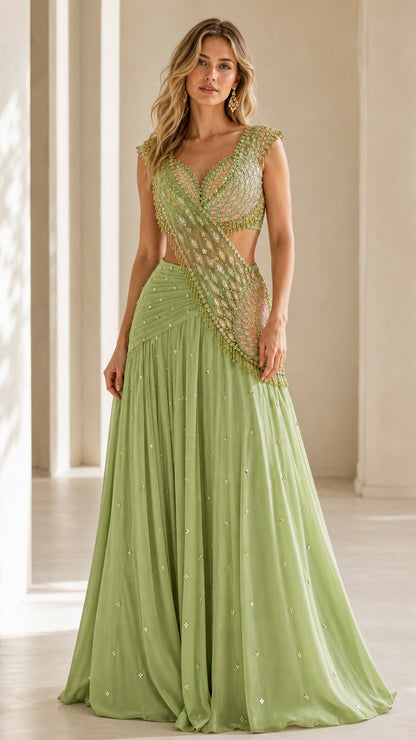 Front view of woman wearing Sage Green embellished cut-out draped maxi gown