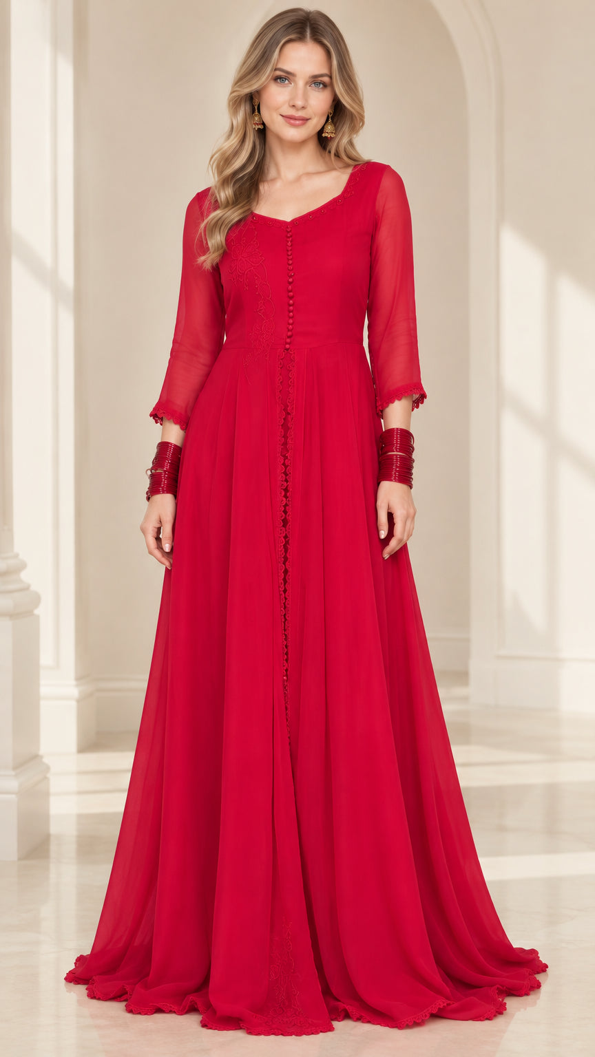 Front view of model wearing floor-length red chiffon embroidered maxi dress with sheer 3/4 sleeves