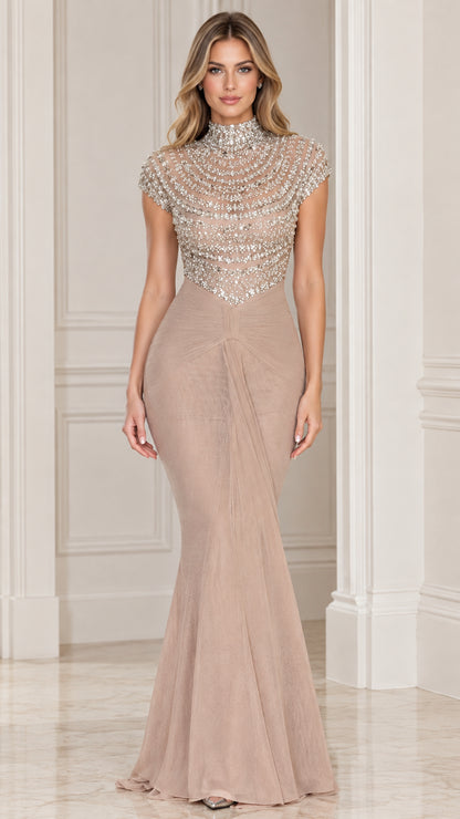 Front full-length view of taupe beaded high neck mermaid evening gown
