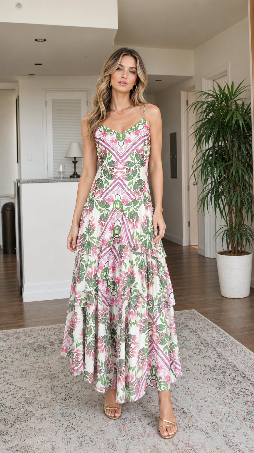 Front view of woman wearing white multi floral tiered spaghetti strap maxi dress