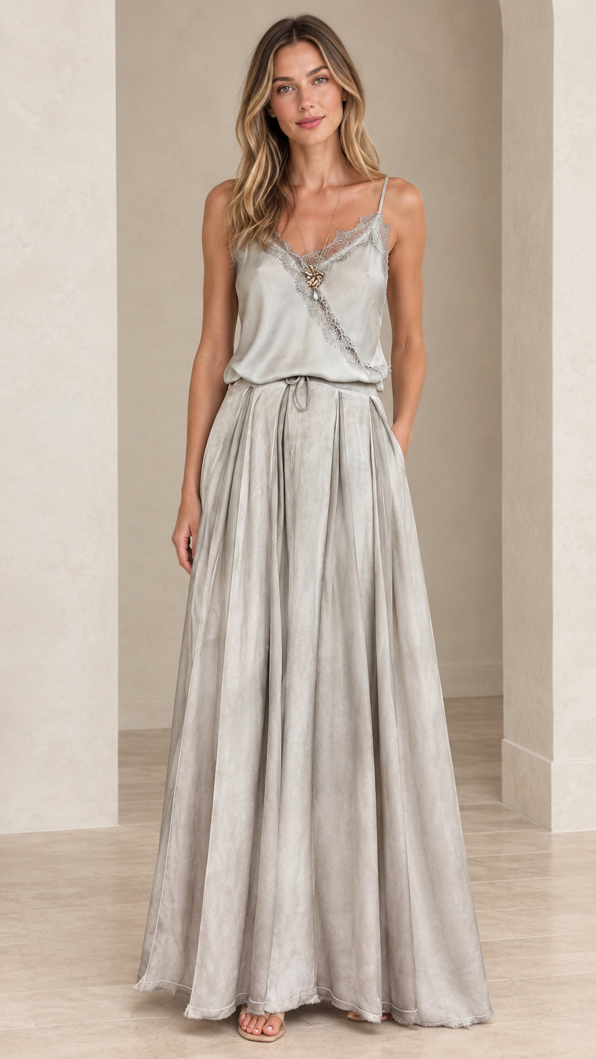 Model wearing silver grey lace-trim cami maxi dress front view