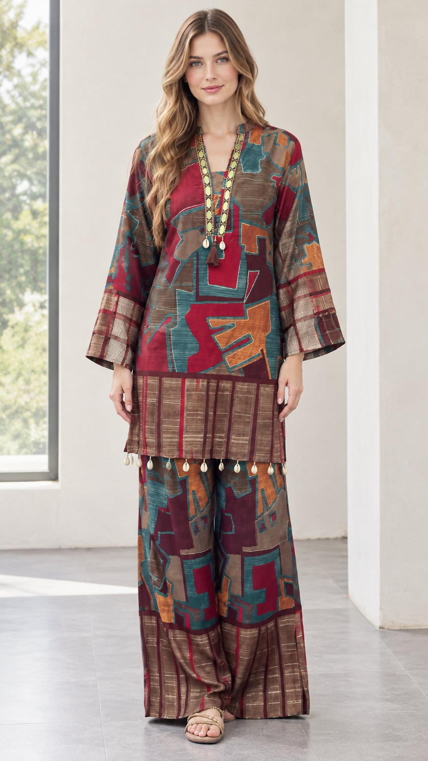 Front view of model wearing burgundy abstract print tunic and matching wide-leg pants
