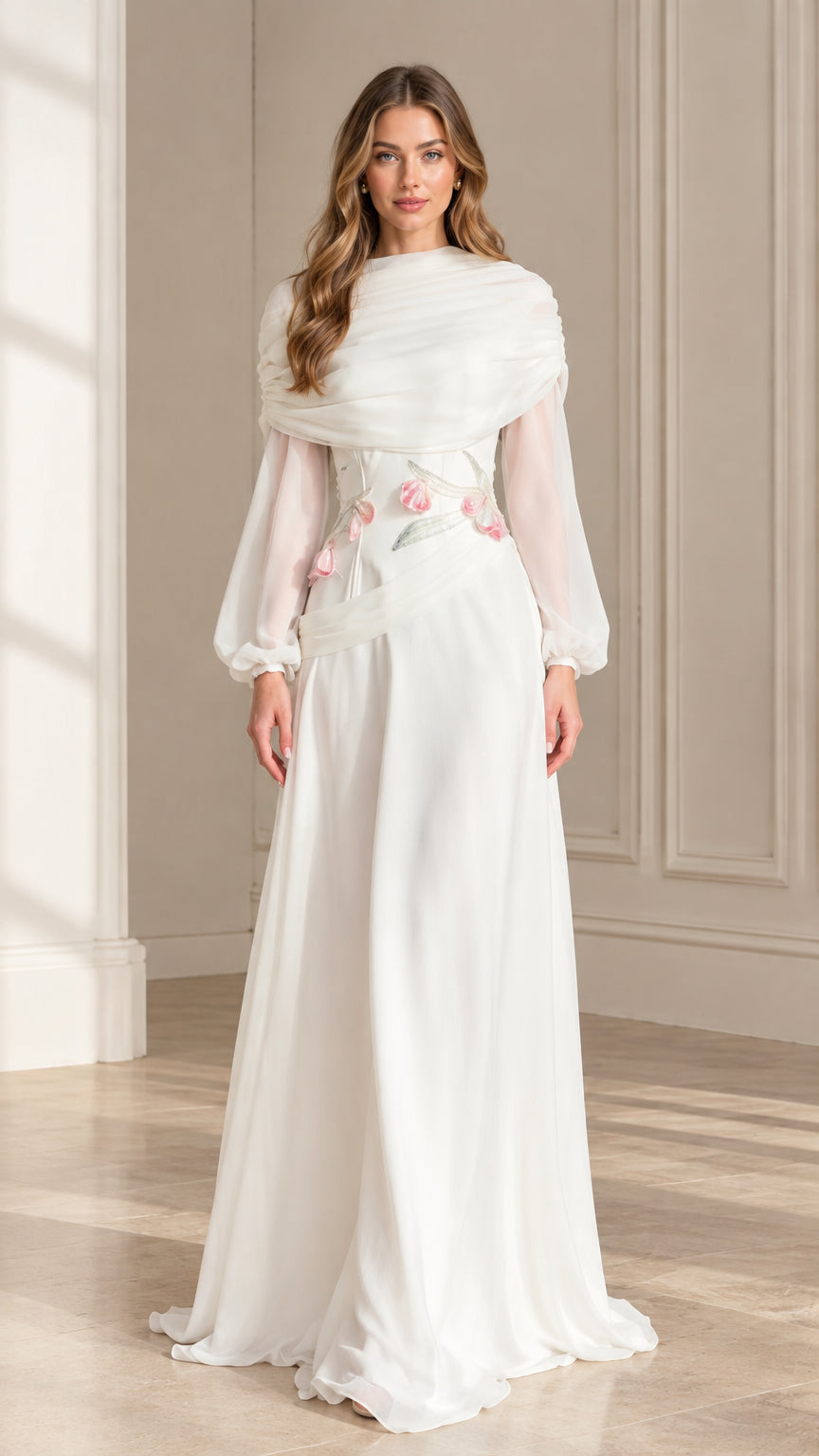 Front view of woman wearing white draped high neck long sleeve maxi dress with floral appliqué