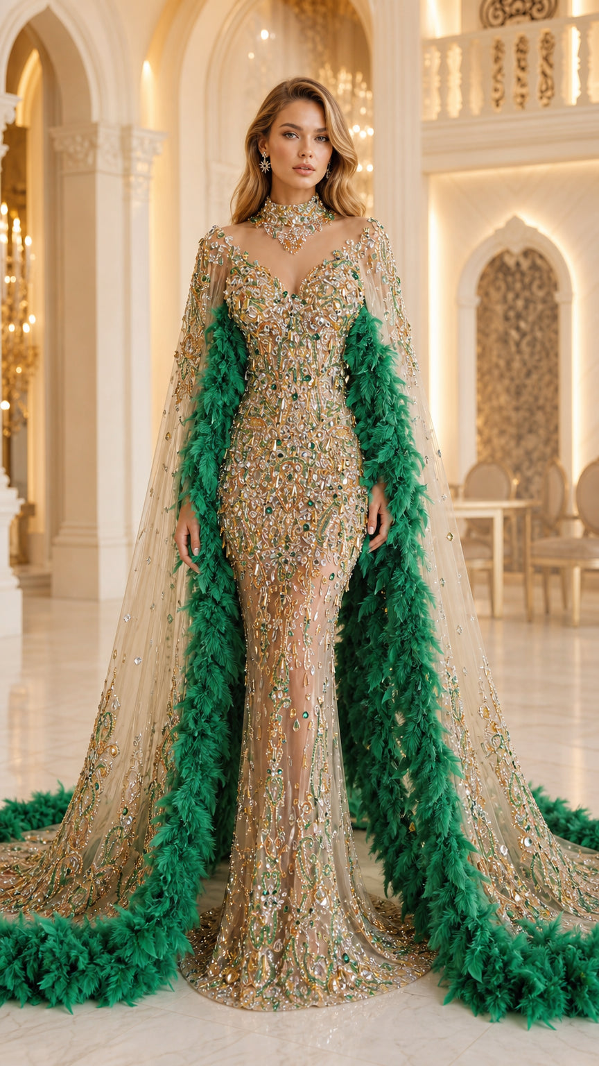 Front view of champagne and emerald green beaded mermaid evening gown with feather cape