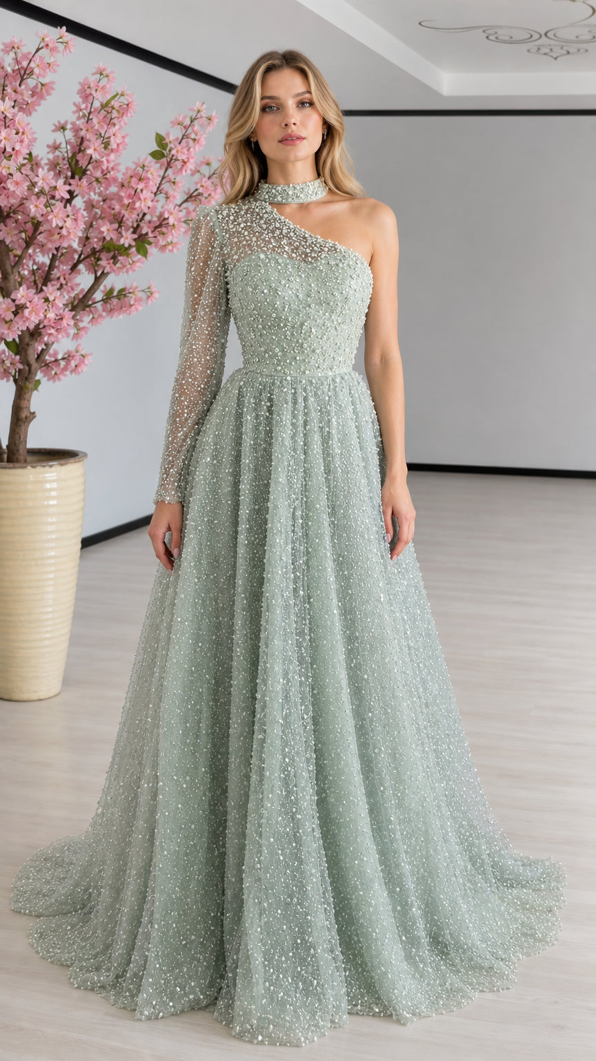Front full view of woman wearing sage green one-shoulder beaded evening gown with pearl high collar