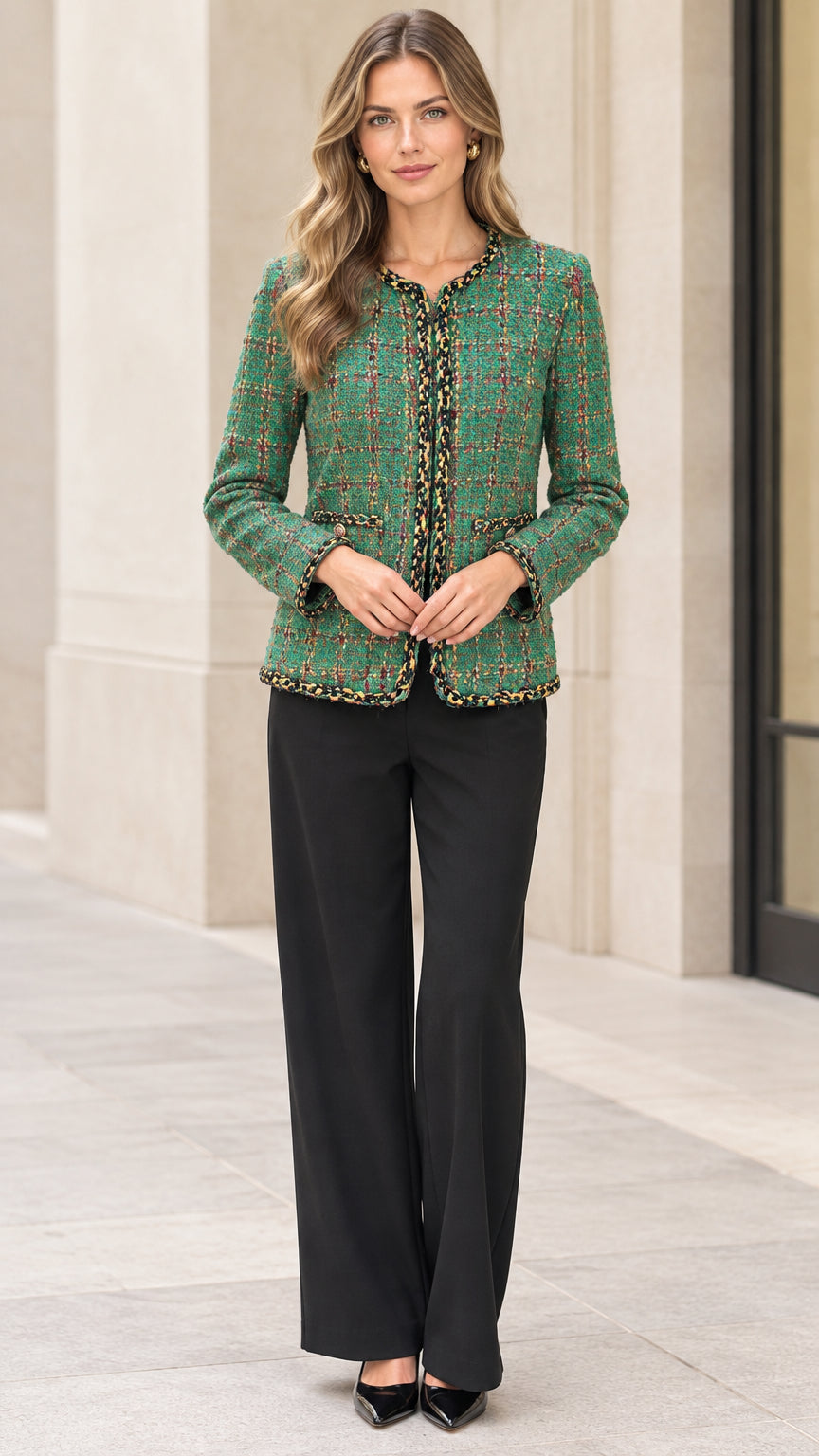 Full front view of a woman wearing a green plaid tweed jacket with black trousers