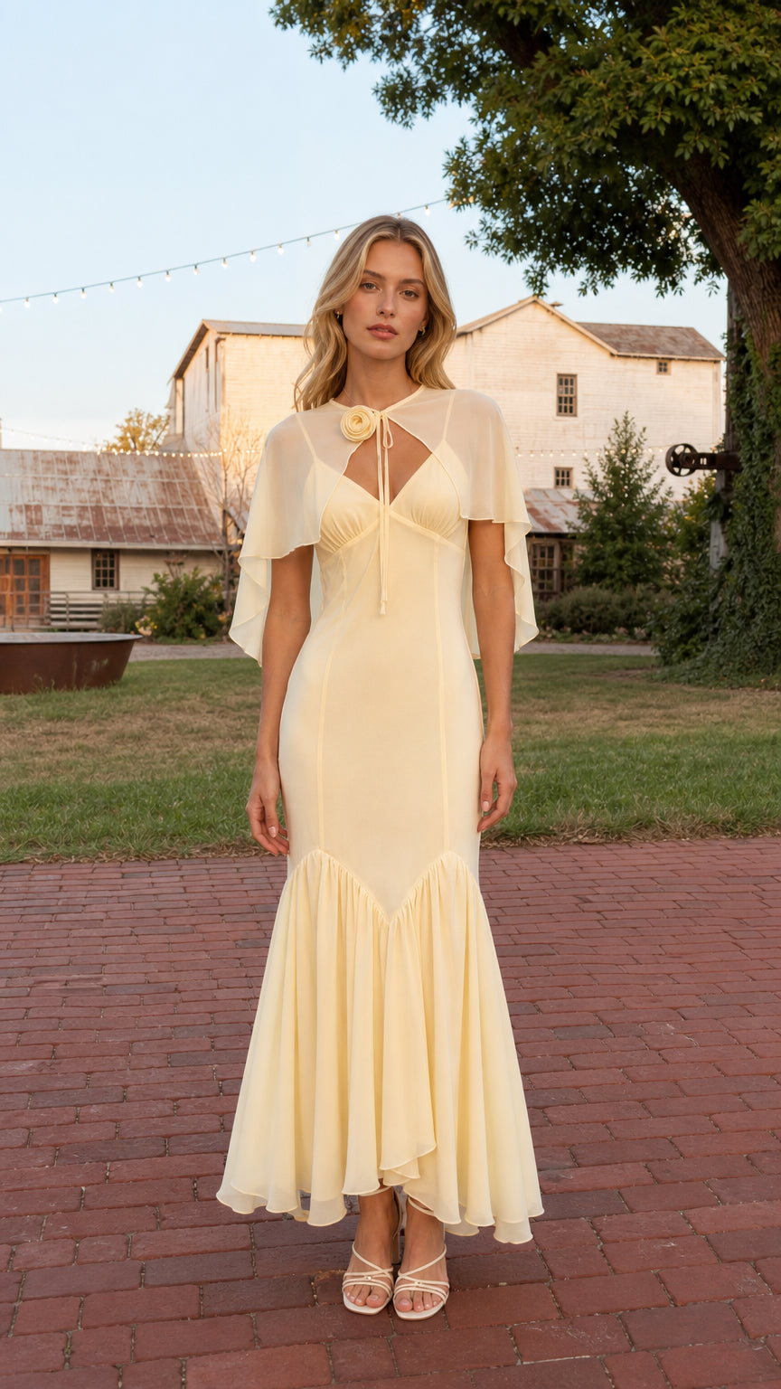 Full front view of model wearing Butter Yellow floral rosette capelet mermaid maxi dress