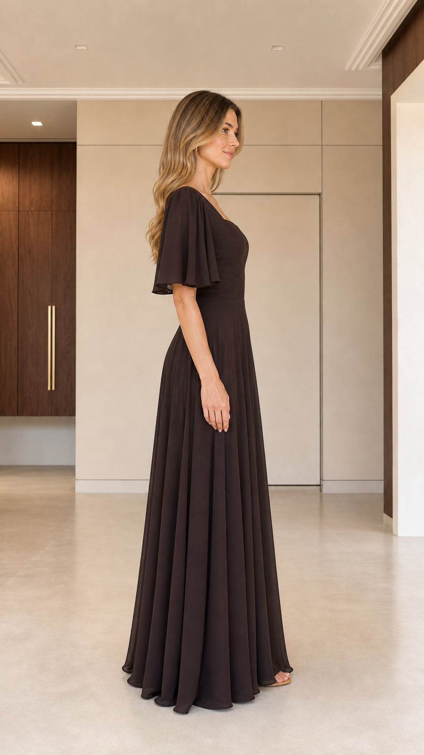 Side profile of woman in chocolate brown flutter sleeve A-line maxi dress