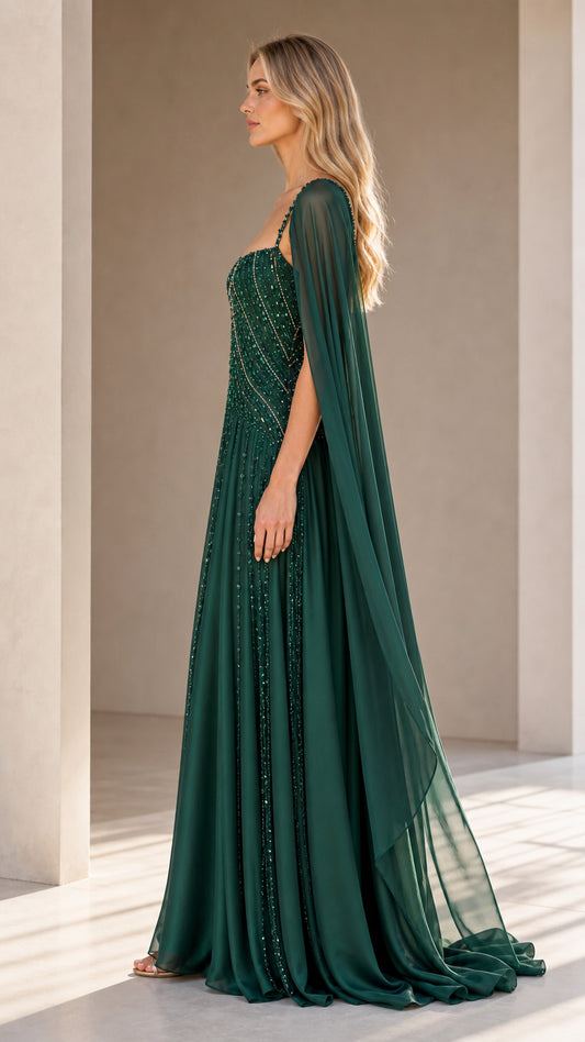 Side profile of emerald green beaded formal dress with floor-length sheer cape