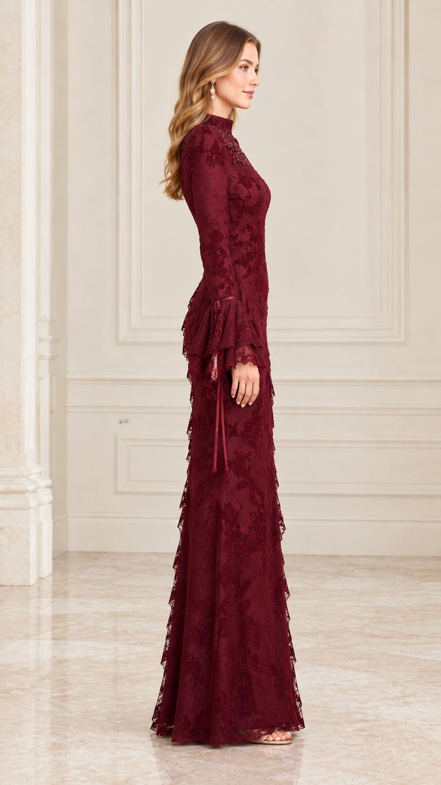 Side view of woman wearing burgundy floral lace long evening gown