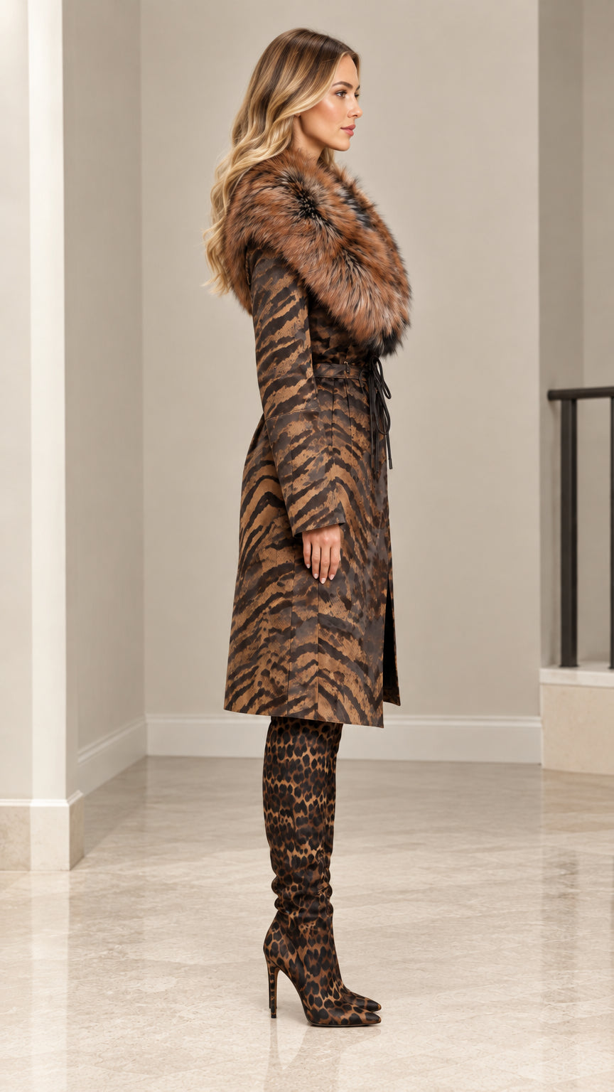 Side profile view of model in brown animal print long coat and heeled boots