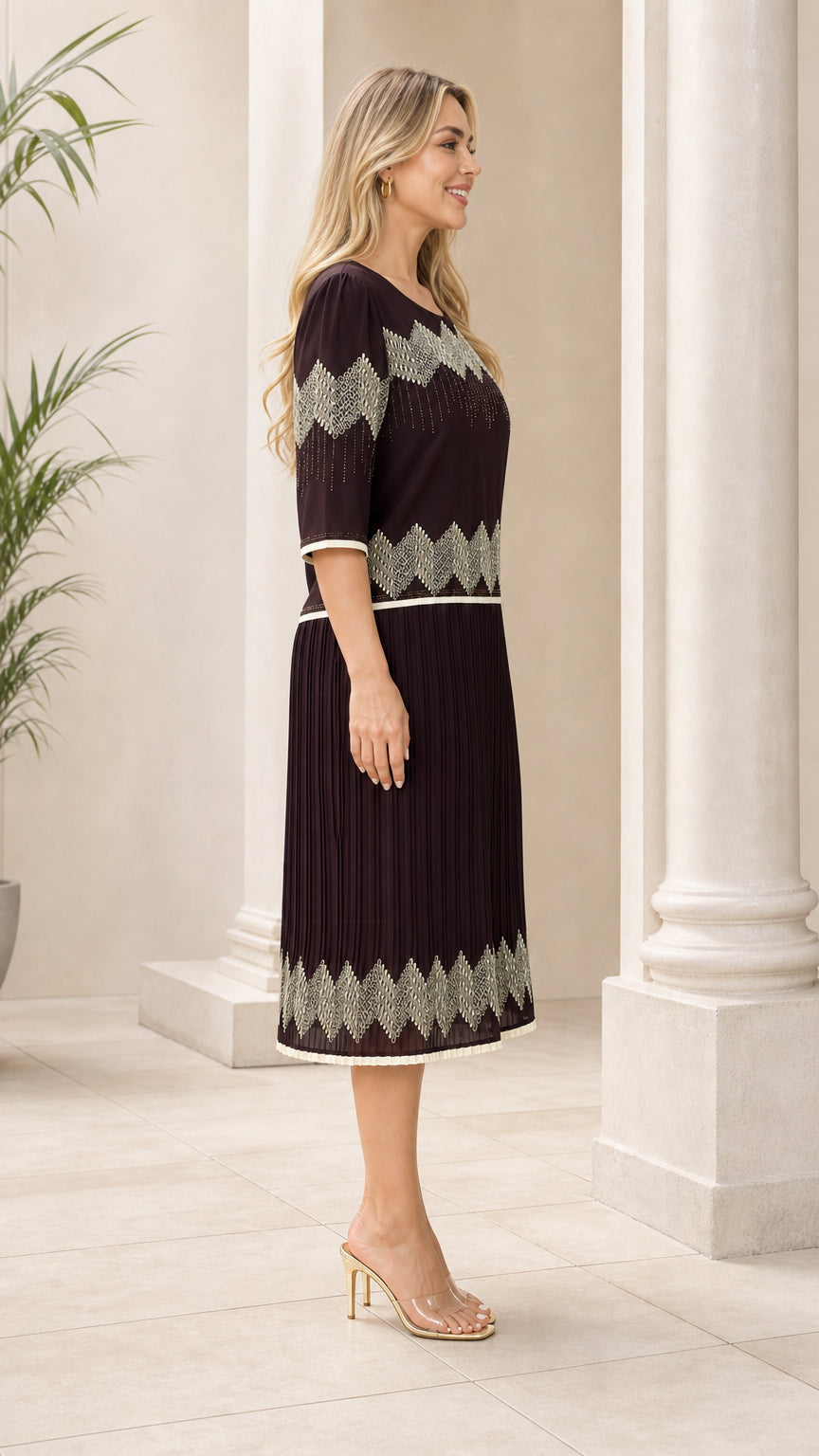 Chocolate brown geometric midi dress shown from the side