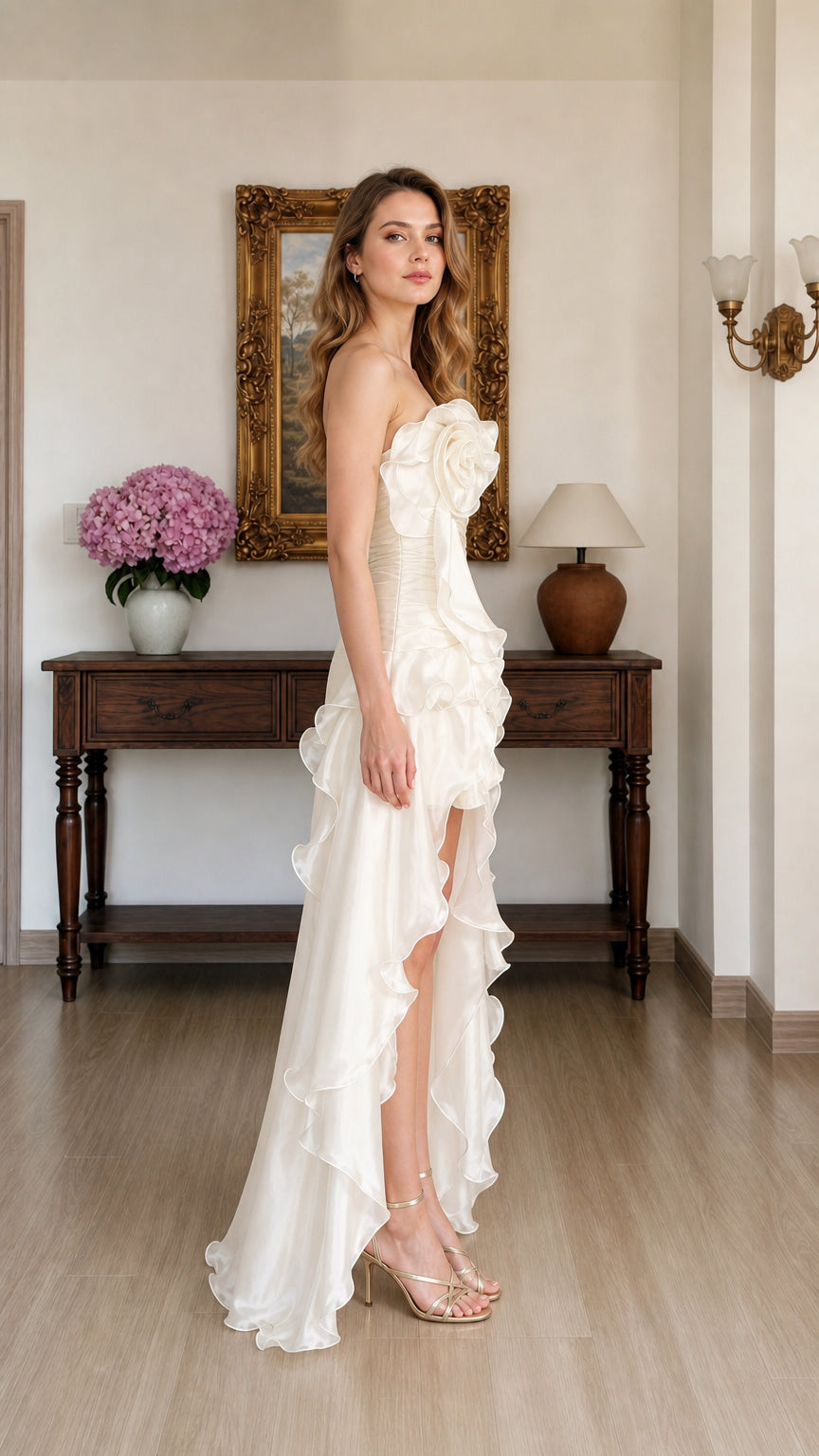 Side profile of woman in Ivory strapless high-low ruffled dress showing tiered train