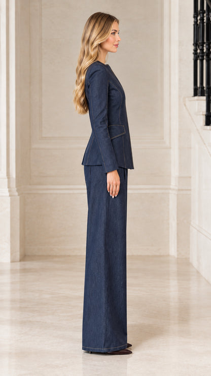 Side profile of model wearing Navy Blue tailored pant suit set