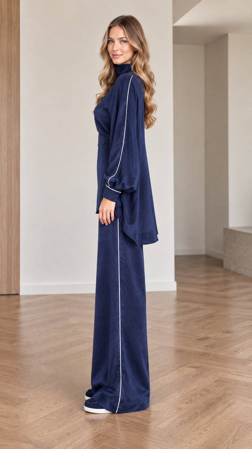 Side profile of women wearing navy blue high-low tunic and wide leg pants set