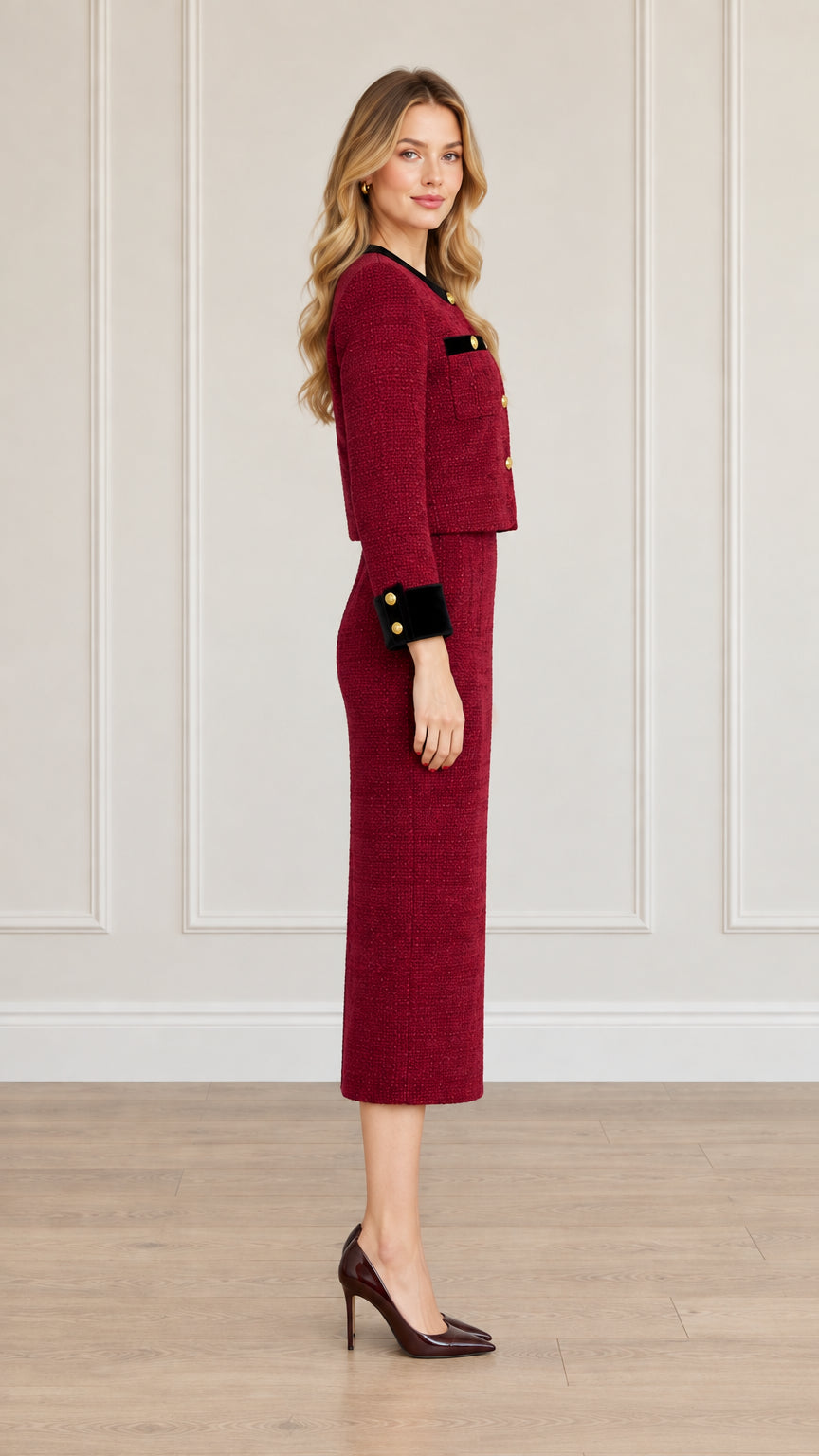 Side view of model wearing burgundy tweed cropped jacket and high-waist midi skirt