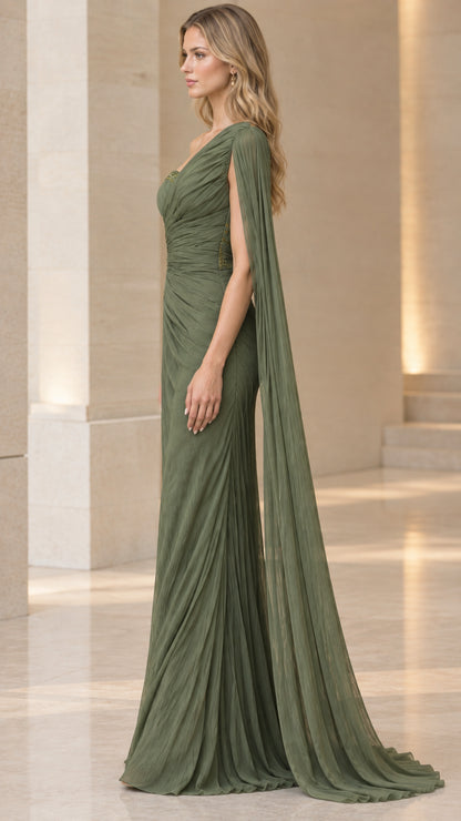 Side profile of olive green cape sleeve formal maxi dress with train