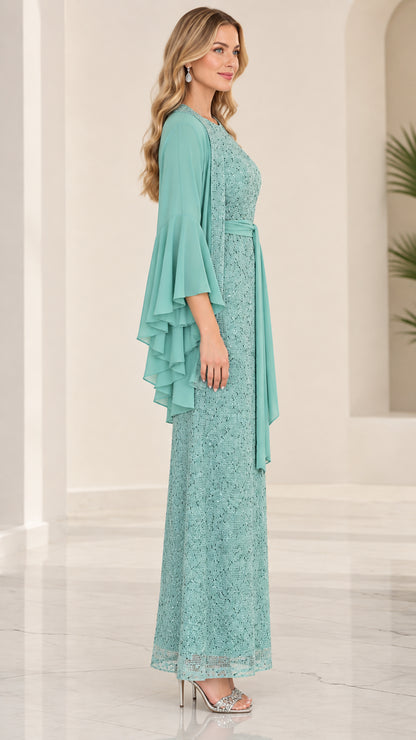 Side profile of woman wearing sage green sequined lace dress with flounce sleeves