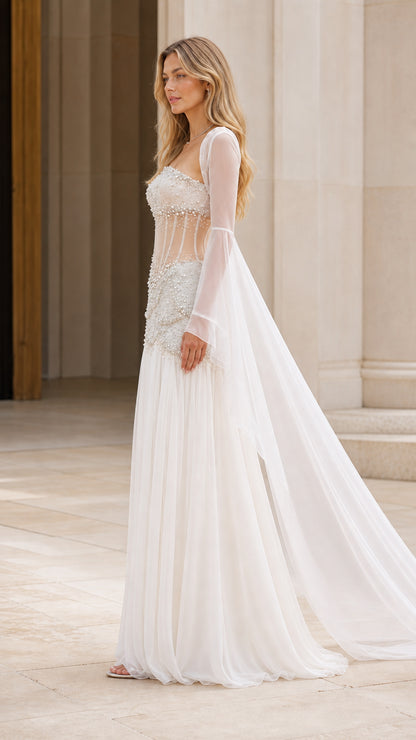 Ivory White pearl beaded corset maxi dress side profile view showing silhouette