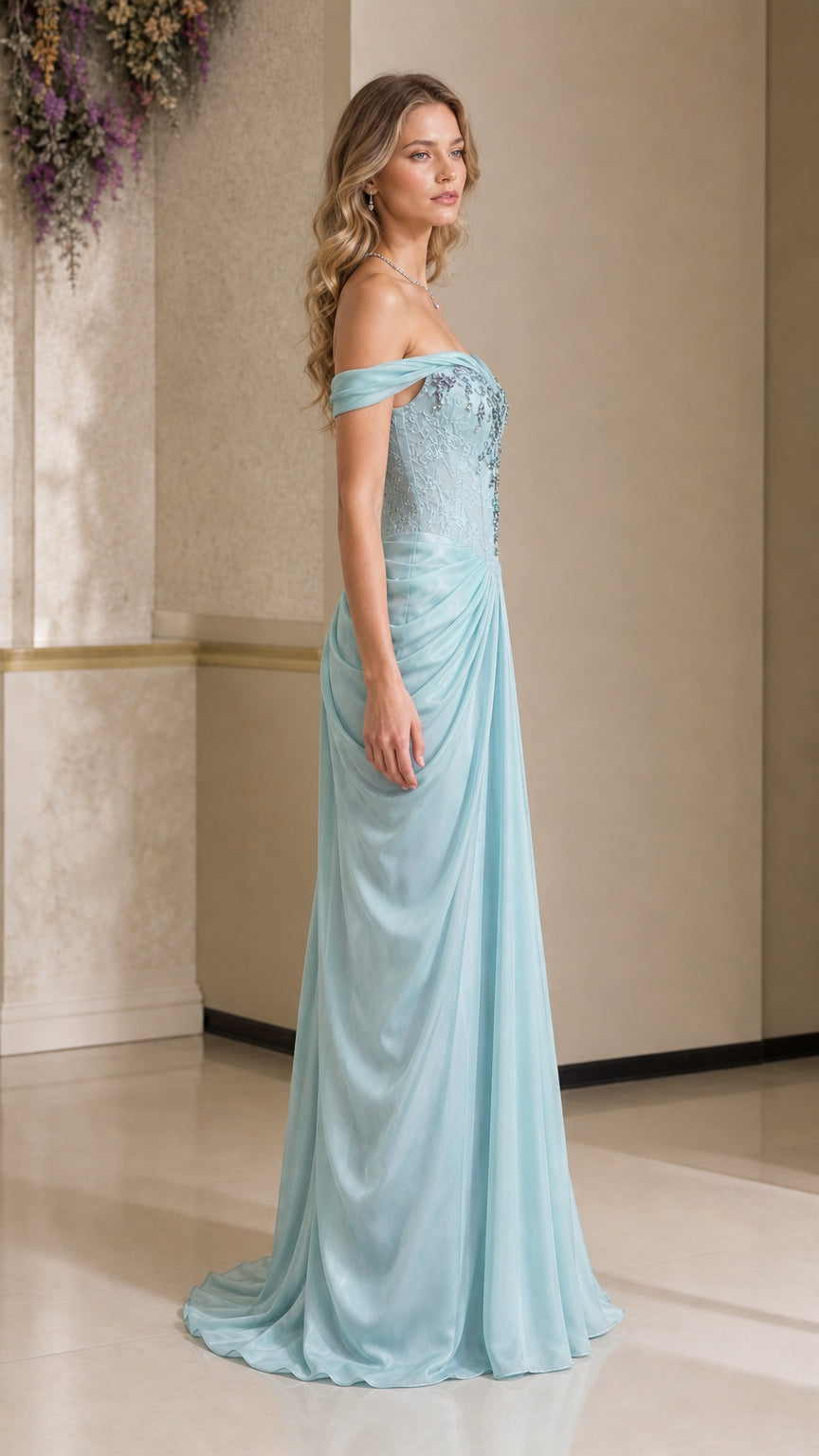 Side profile of sky blue formal gown showing elegant silhouette and draped skirt