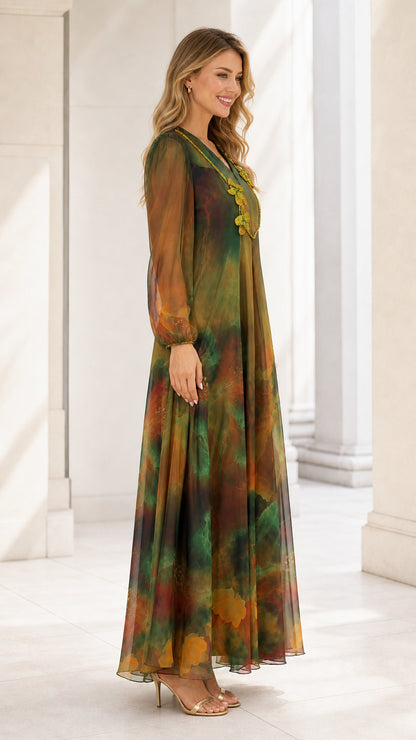 Side view of Forest Green long sleeve printed chiffon maxi dress