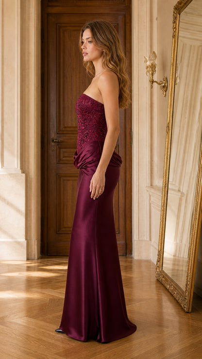 Burgundy strapless formal dress side profile view