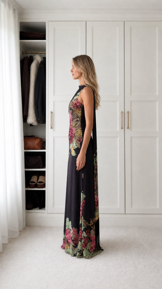 Black floral halter maxi dress side view showing silhouette