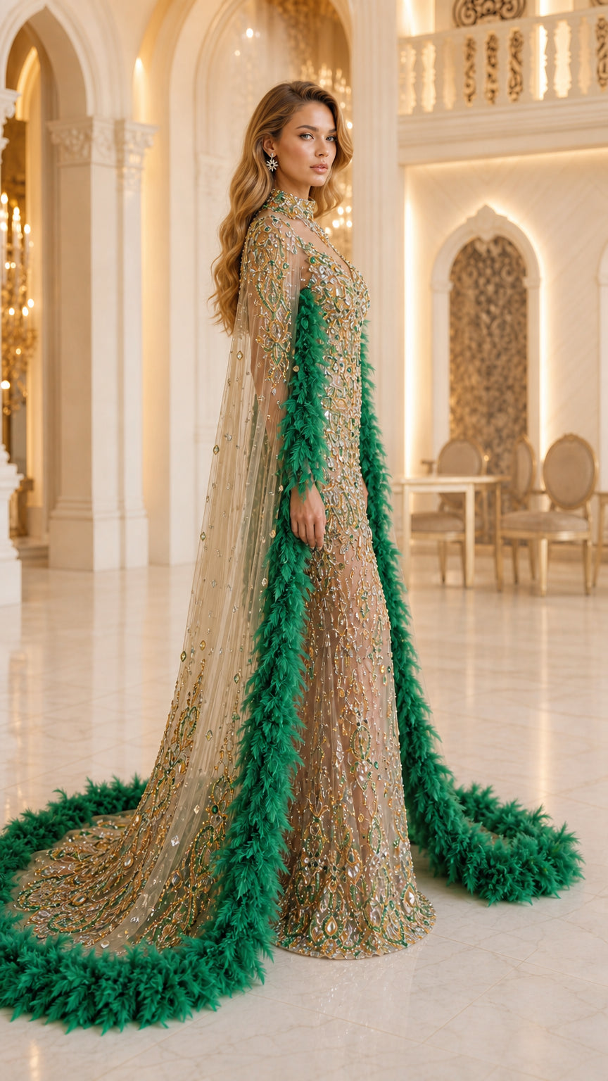 Side profile of embellished champagne gown showing floor-length feather-trimmed cape