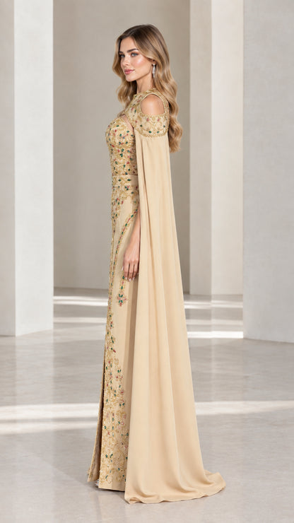Champagne beaded cape evening gown side profile view
