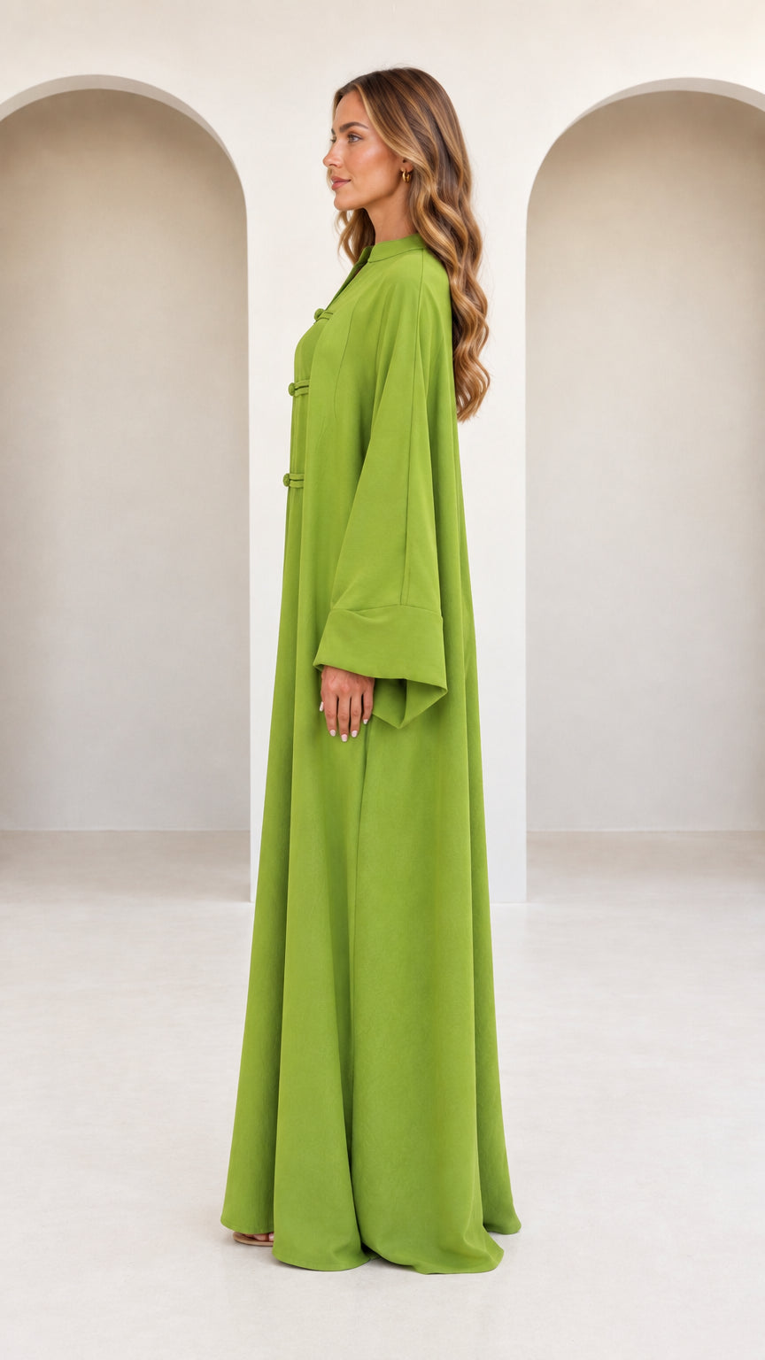 Side view of olive green loose fit full length long sleeve kaftan dress