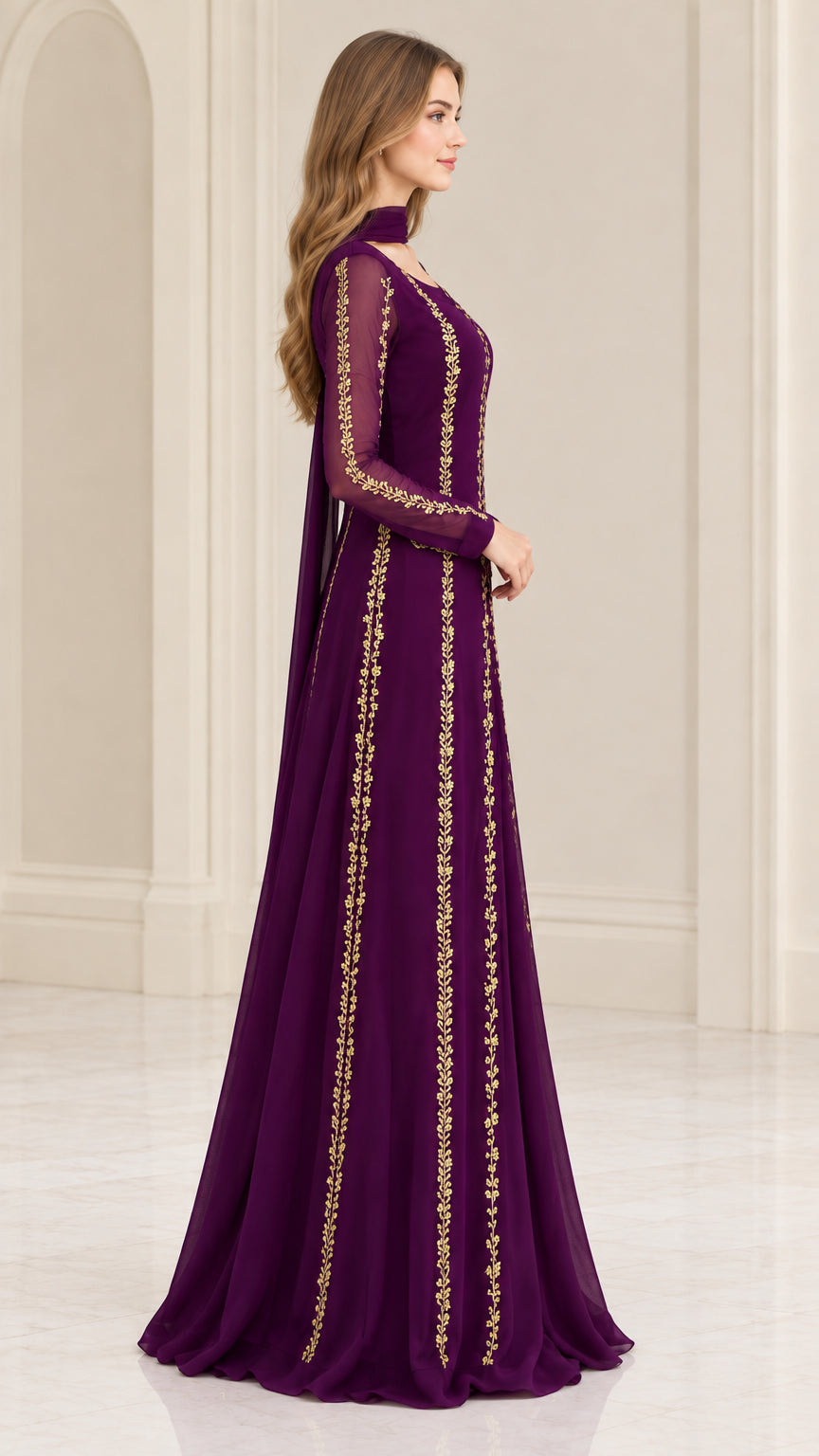 Side profile view of woman modeling purple embroidered floor-length gown