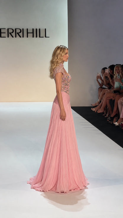 Side profile of model wearing Blush Pink embellished bodice formal dress