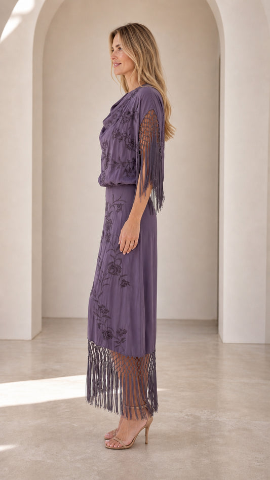 Side view of dusty purple embroidered fringe sleeve maxi dress