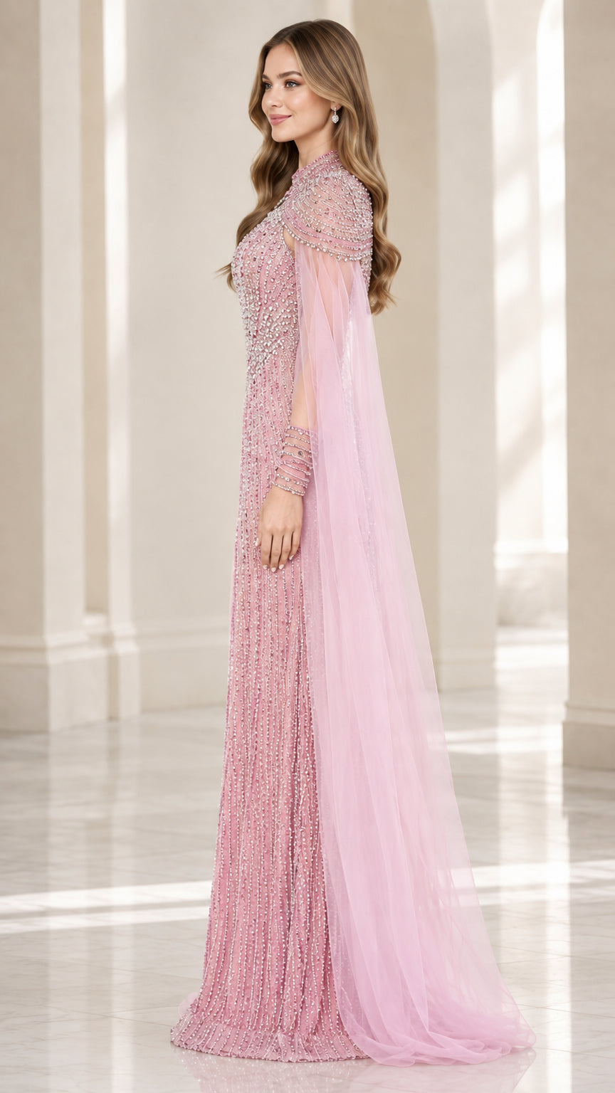 Side profile of dusty pink embellished cape formal dress