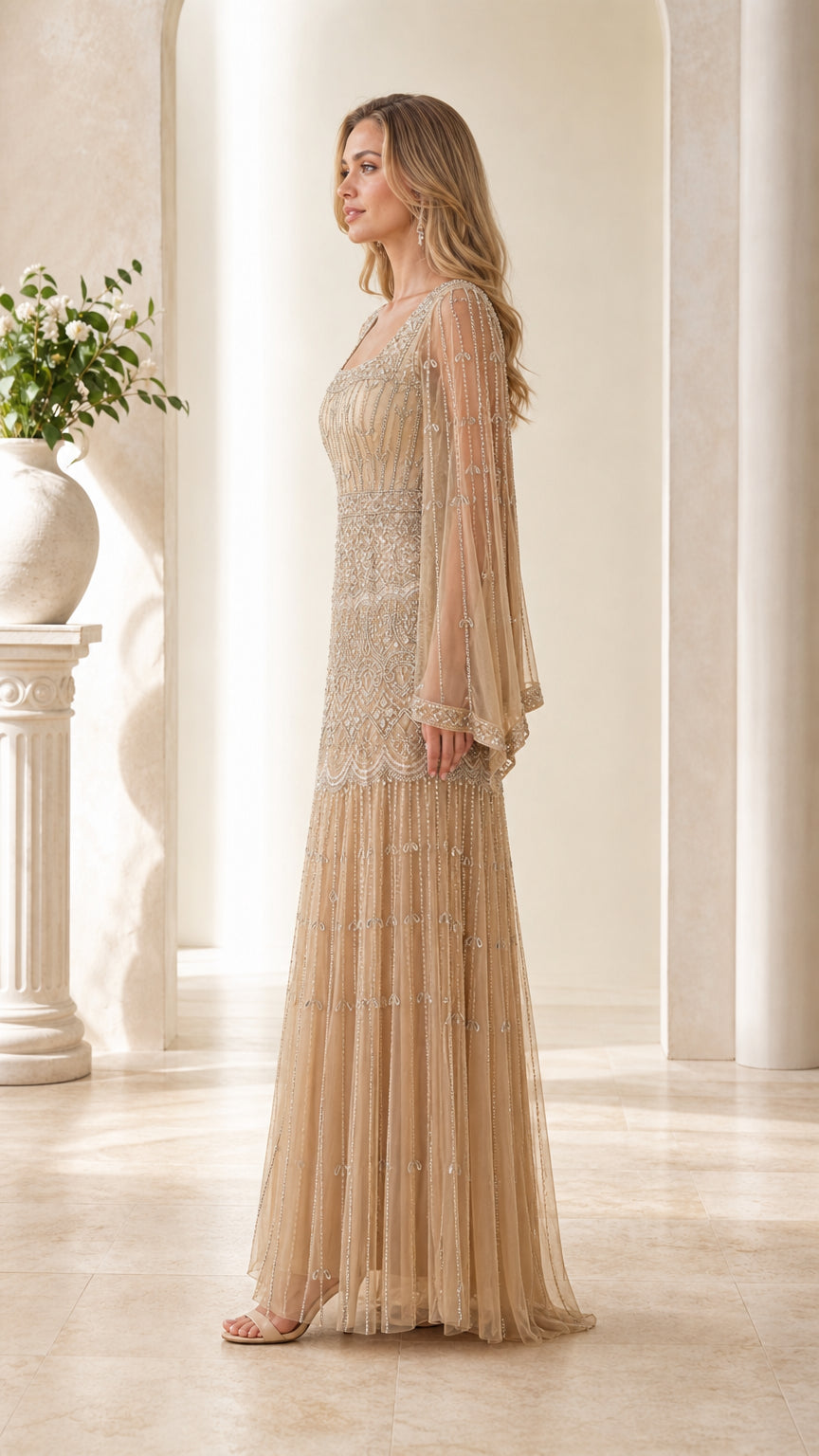 Side profile view of Champagne beaded floor-length formal dress