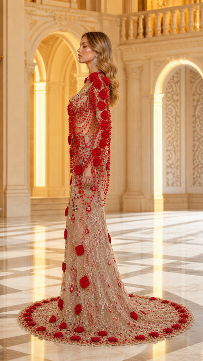 Side profile view showing the fitted silhouette and cascading sleeve beading on Champagne formal gown
