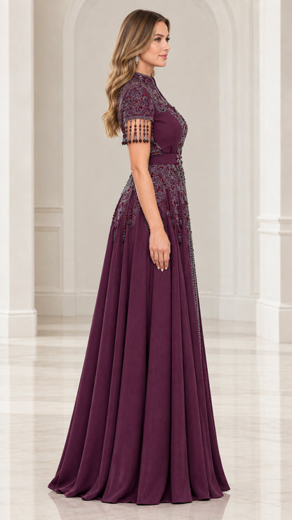Side view of woman wearing plum beaded floor-length formal gown