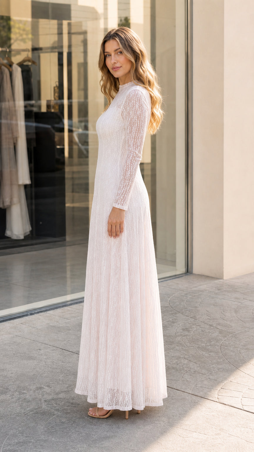 Side angle view of the Ivory White long sleeve lace formal gown