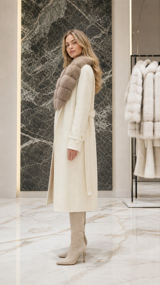 Side profile view of ivory belted overcoat with soft fur collar and knee-high boots