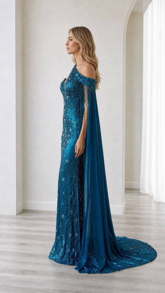 Side profile view of the teal blue embellished formal gown highlighting the flowing cape drape
