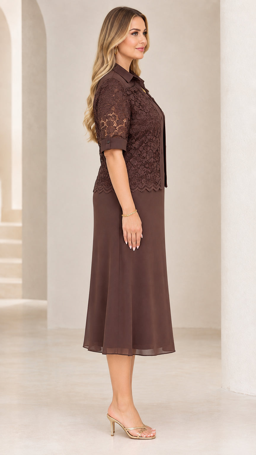 Chocolate Brown formal midi dress and lace jacket side profile