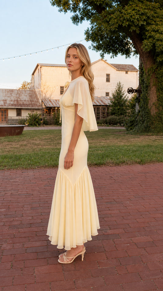 Side profile view of model wearing Butter Yellow capelet mermaid maxi dress