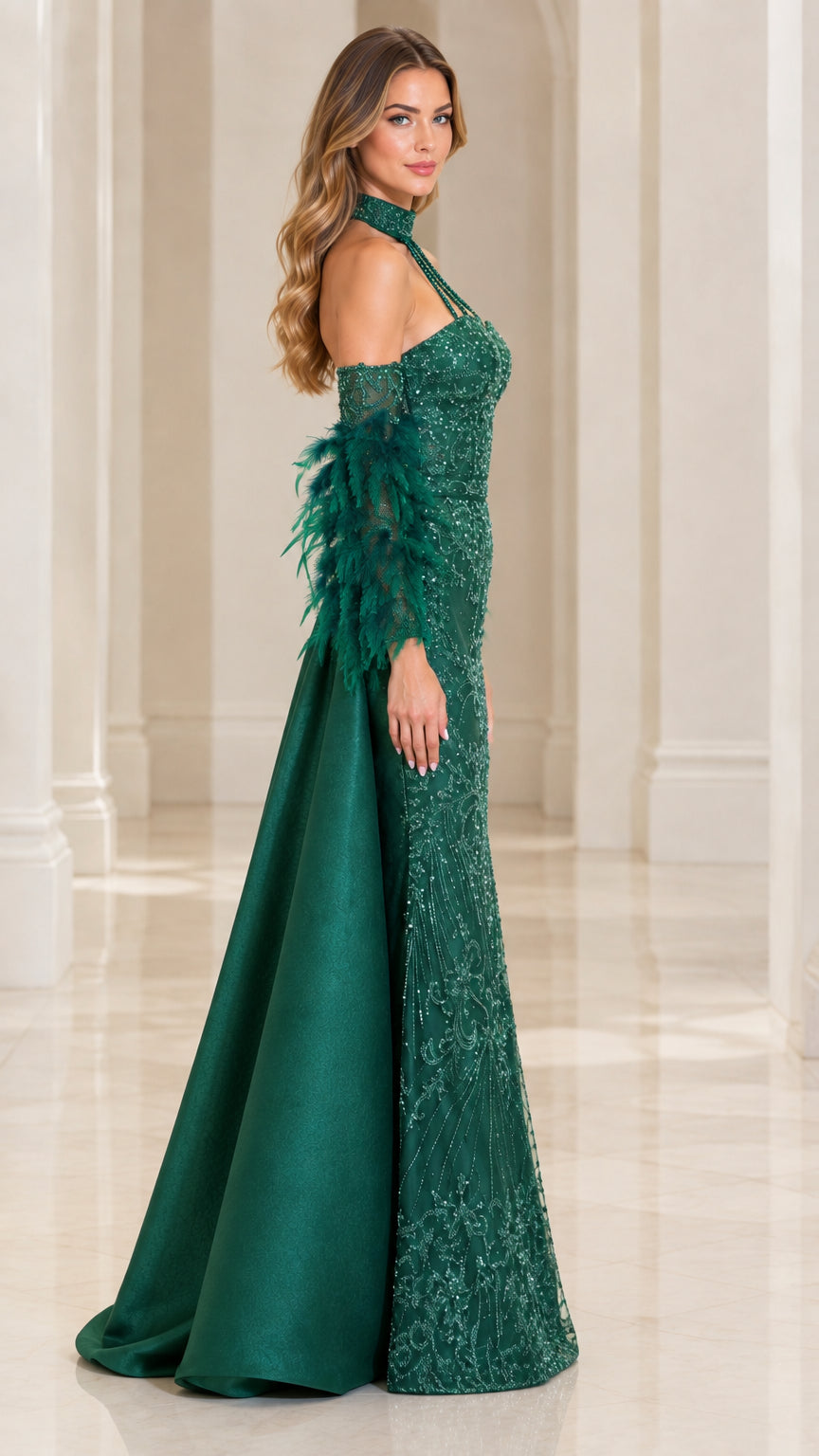 Side profile of Emerald Green formal evening gown showing overskirt volume and fitted mermaid silhouette