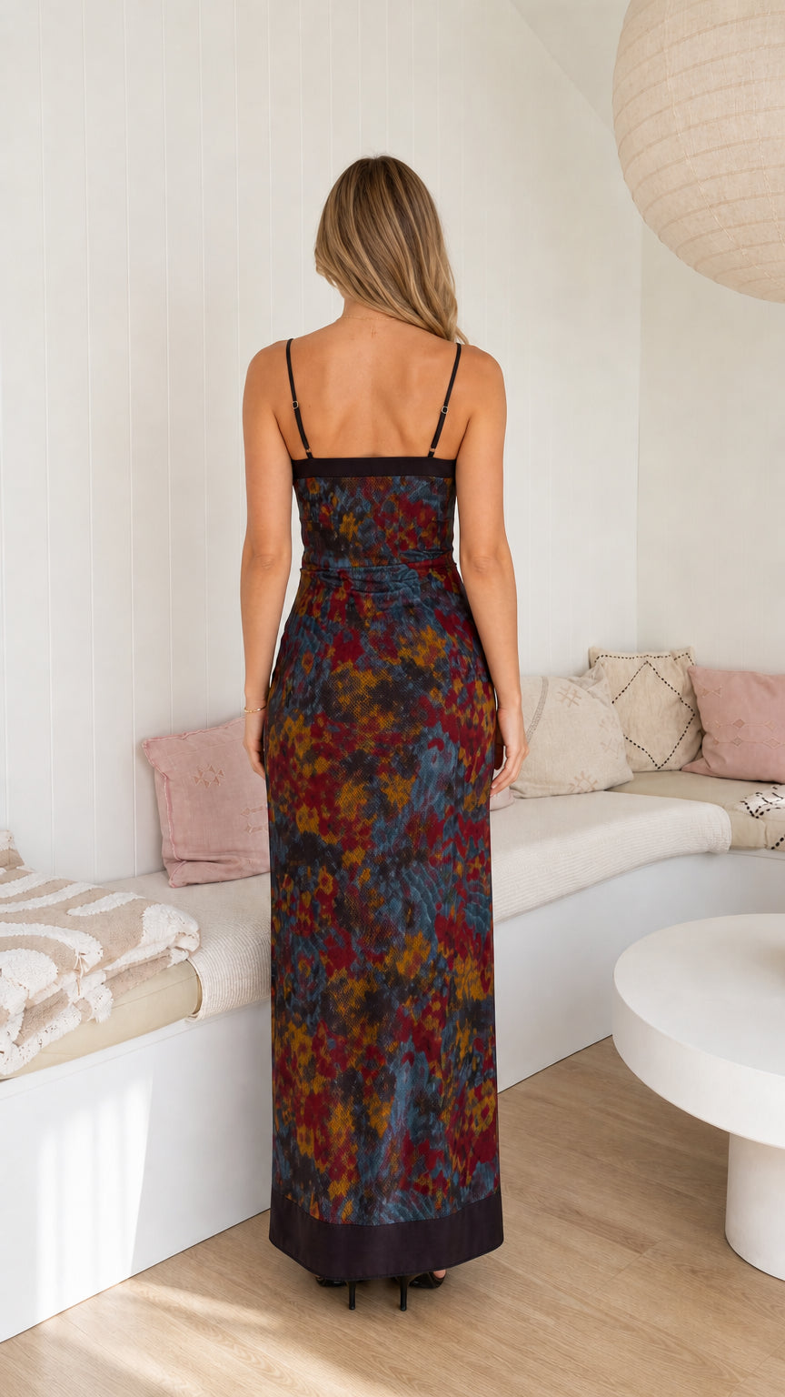 Back view of woman wearing Midnight Multi spaghetti strap abstract column maxi dress