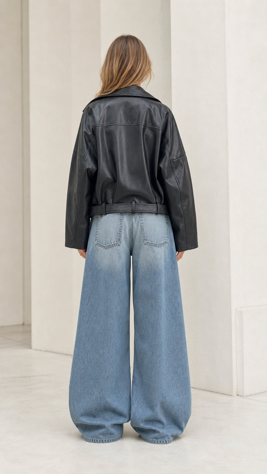 Back view of model wearing black oversized faux leather jacket